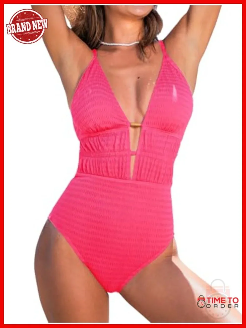 One Piece Swimsuit Plunging Neck Cutouts Textured Ruched Crisscross Back Self